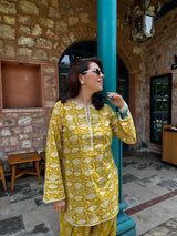(Pre-Order) Mustard Pure Cotton Hand Block Printed Farshi Kurta Set