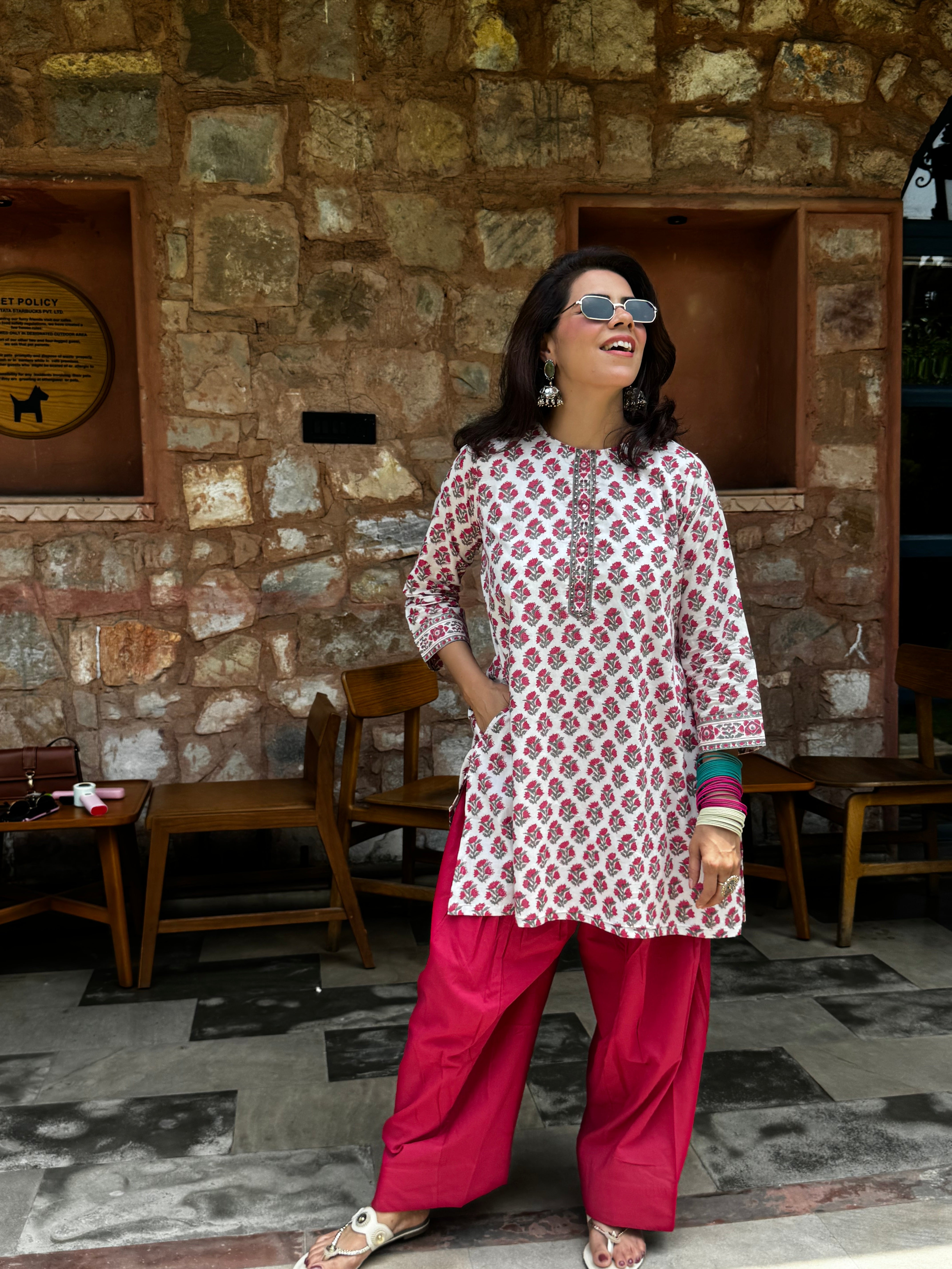 White Floral Hand Block Printed Kurta & Farshi Salwar Set