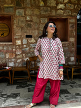 White Floral Hand Block Printed Kurta & Farshi Salwar Set