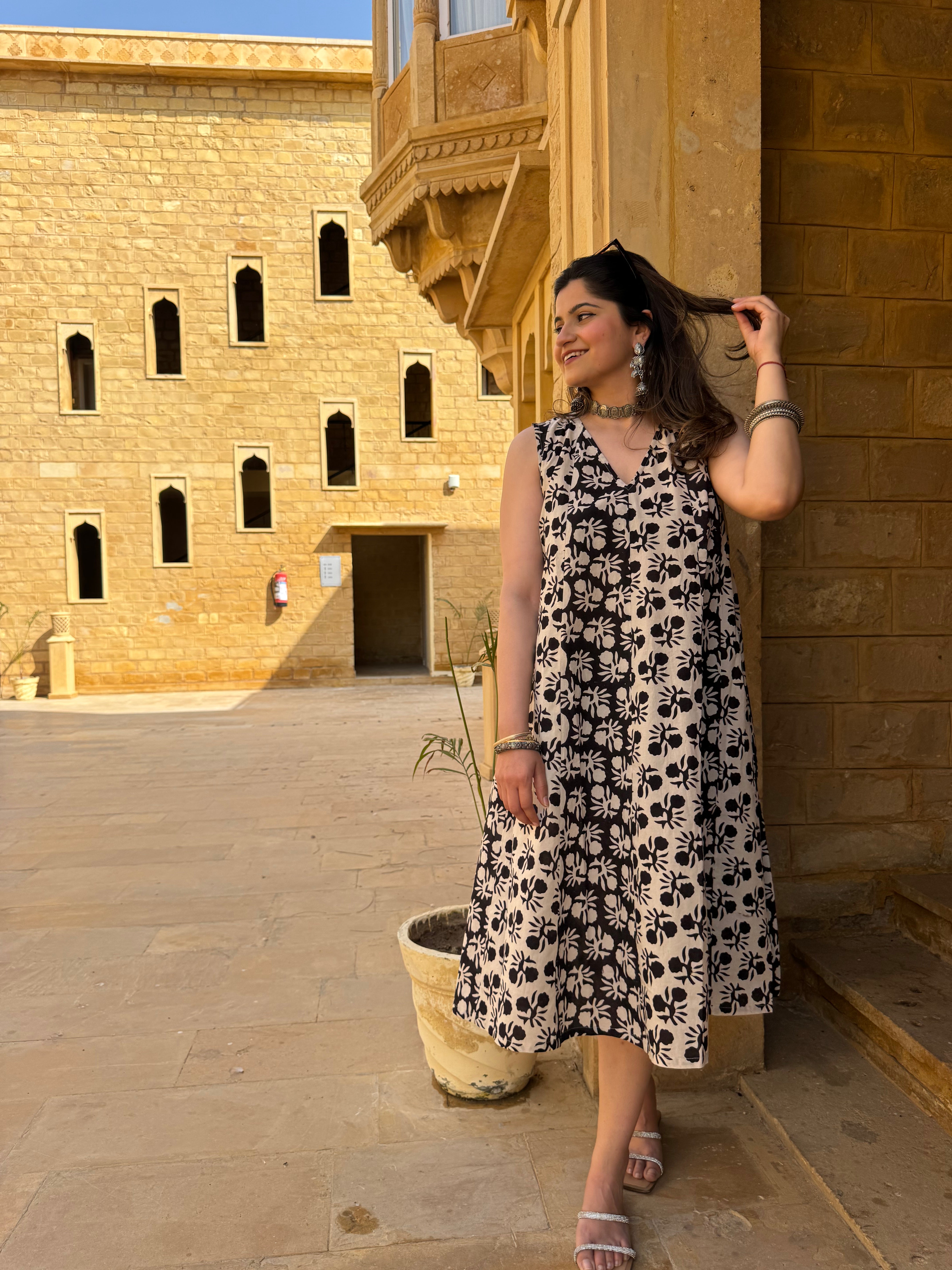 Black Bagru Printed Sleeveless A-Line Dress