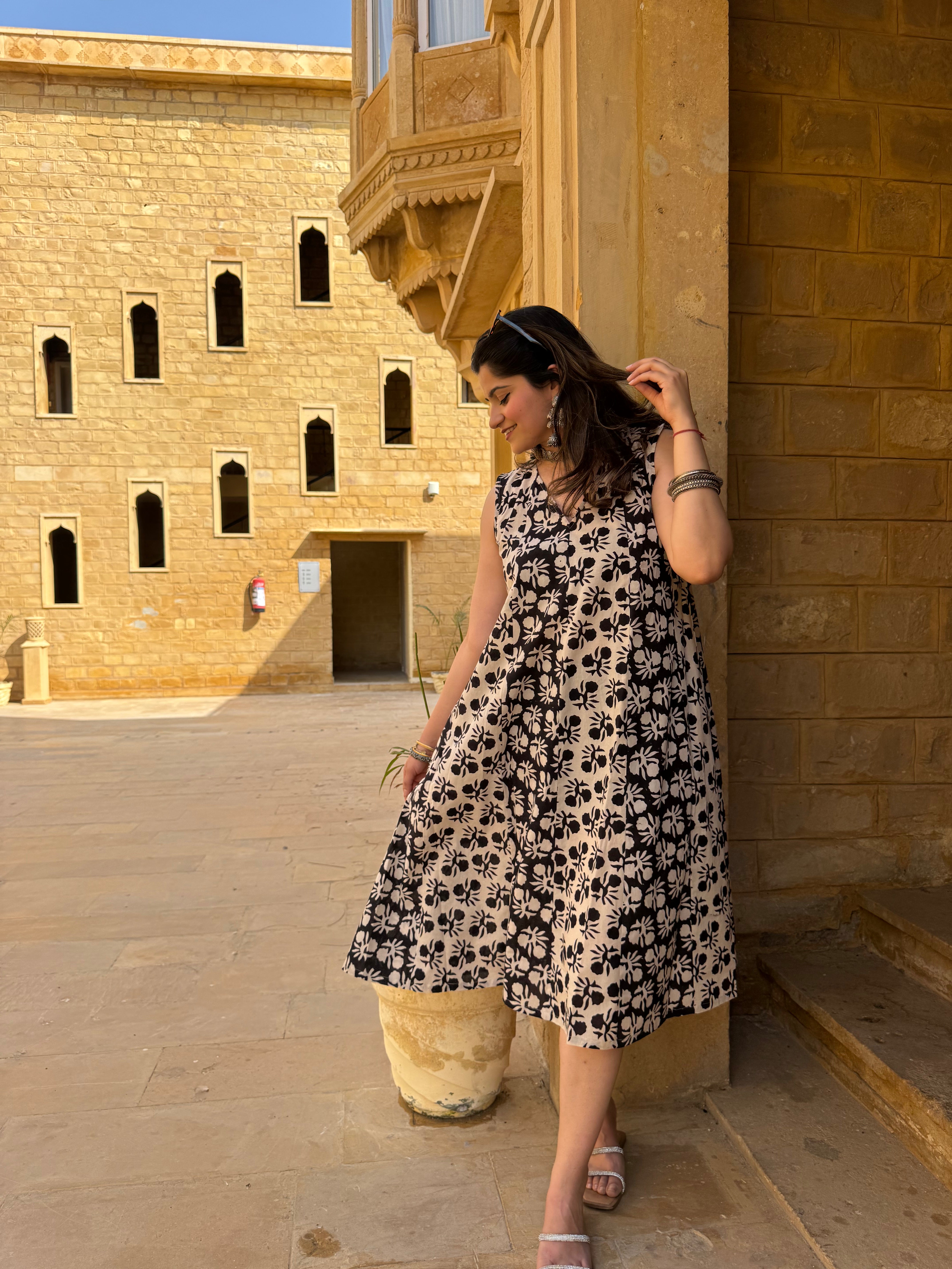 Black Bagru Printed Sleeveless A-Line Dress