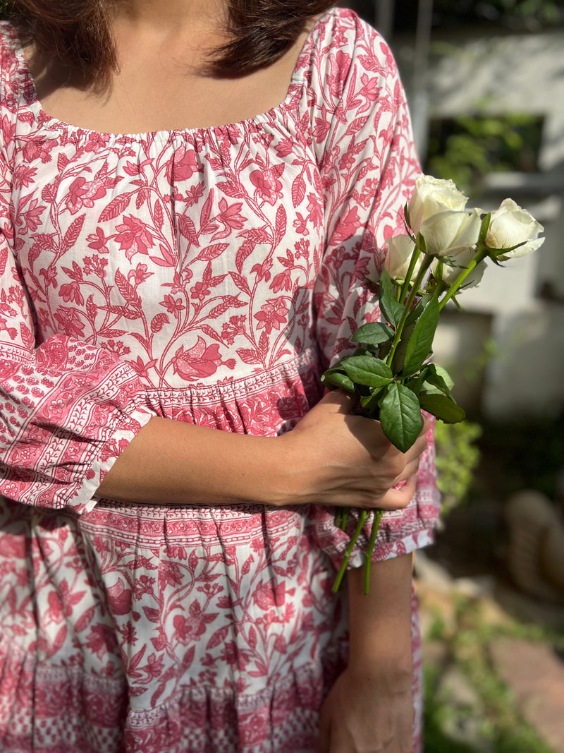 Pink Peony Printed  Tier Dress