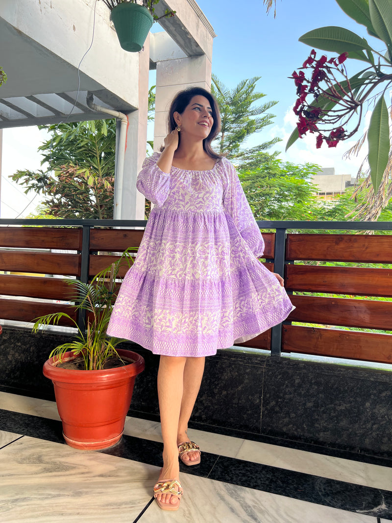 Lavender Printed Cotton Tier Dress
