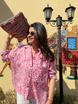 Pink Handblock Printed Lose Fit Cotton Shirt