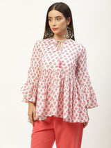 White Print Tie-Up Neck Cotton Cinched Waist Top