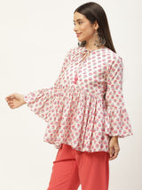 White Print Tie-Up Neck Cotton Cinched Waist Top