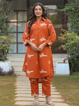 Rust Parrot Printed Cotton Co-Ord Set