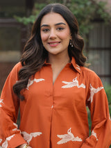 Rust Parrot Printed Cotton Co-Ord Set