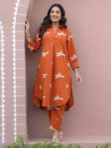 Rust Parrot Printed Cotton Co-Ord Set