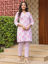 White Floral Handblock Printed Cotton Co-ord Set