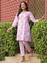White Floral Handblock Printed Cotton Co-ord Set
