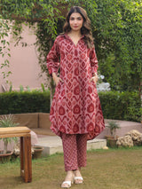 Maroon Ikat Printed Cotton Co-Ord Set