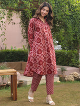 Maroon Ikat Printed Cotton Co-Ord Set