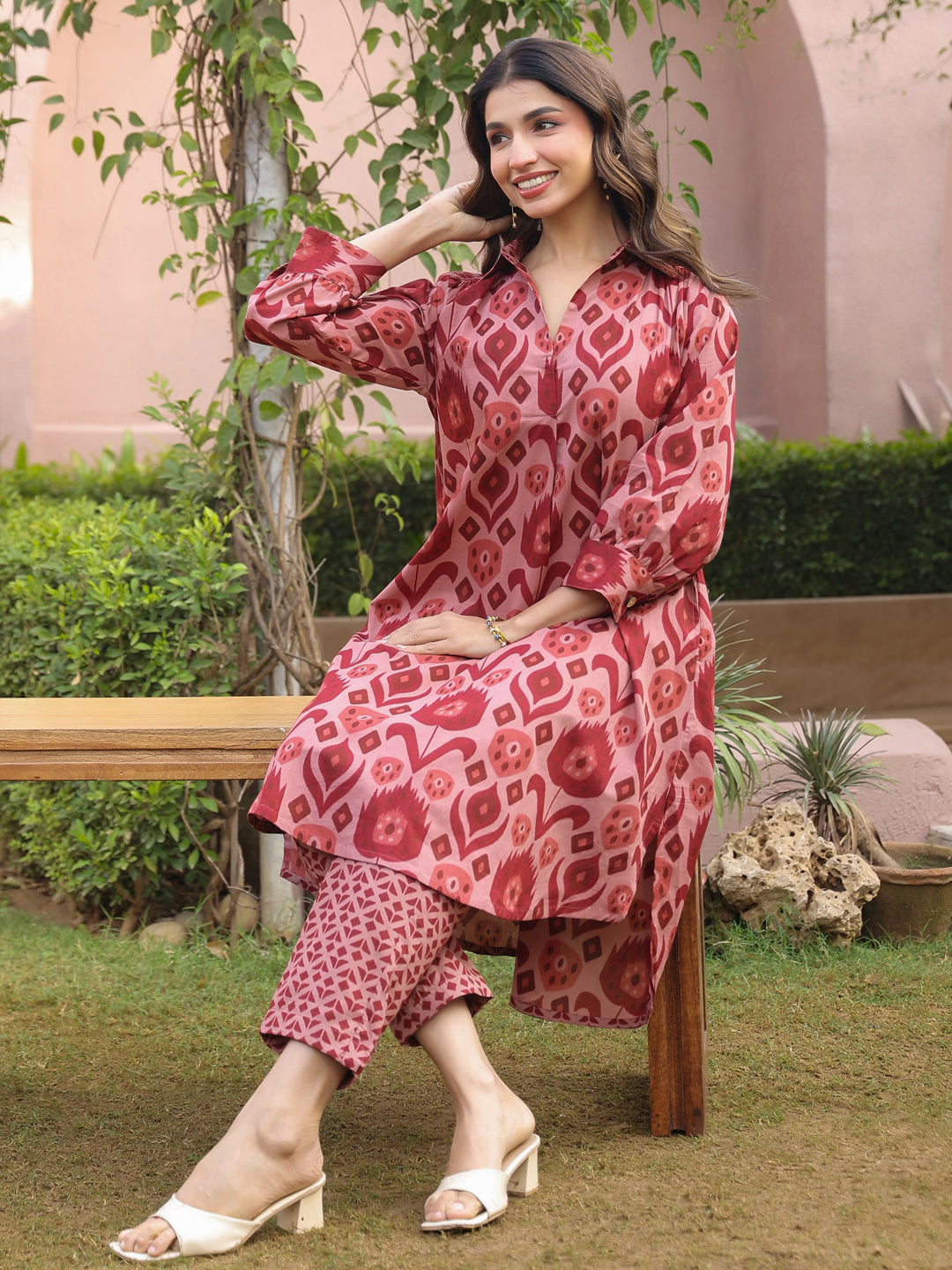 Maroon Ikat Printed Cotton Co-Ord Set