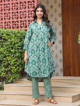 Green Ikat Printed Cotton Co-Ord Set