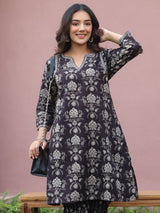Black Floral Handblock Printed Cotton Co-ord Set