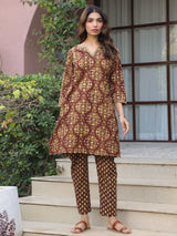 Brown Floral Handblock Printed Cotton Co-ord Set