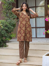 Brown Floral Handblock Printed Cotton Co-ord Set