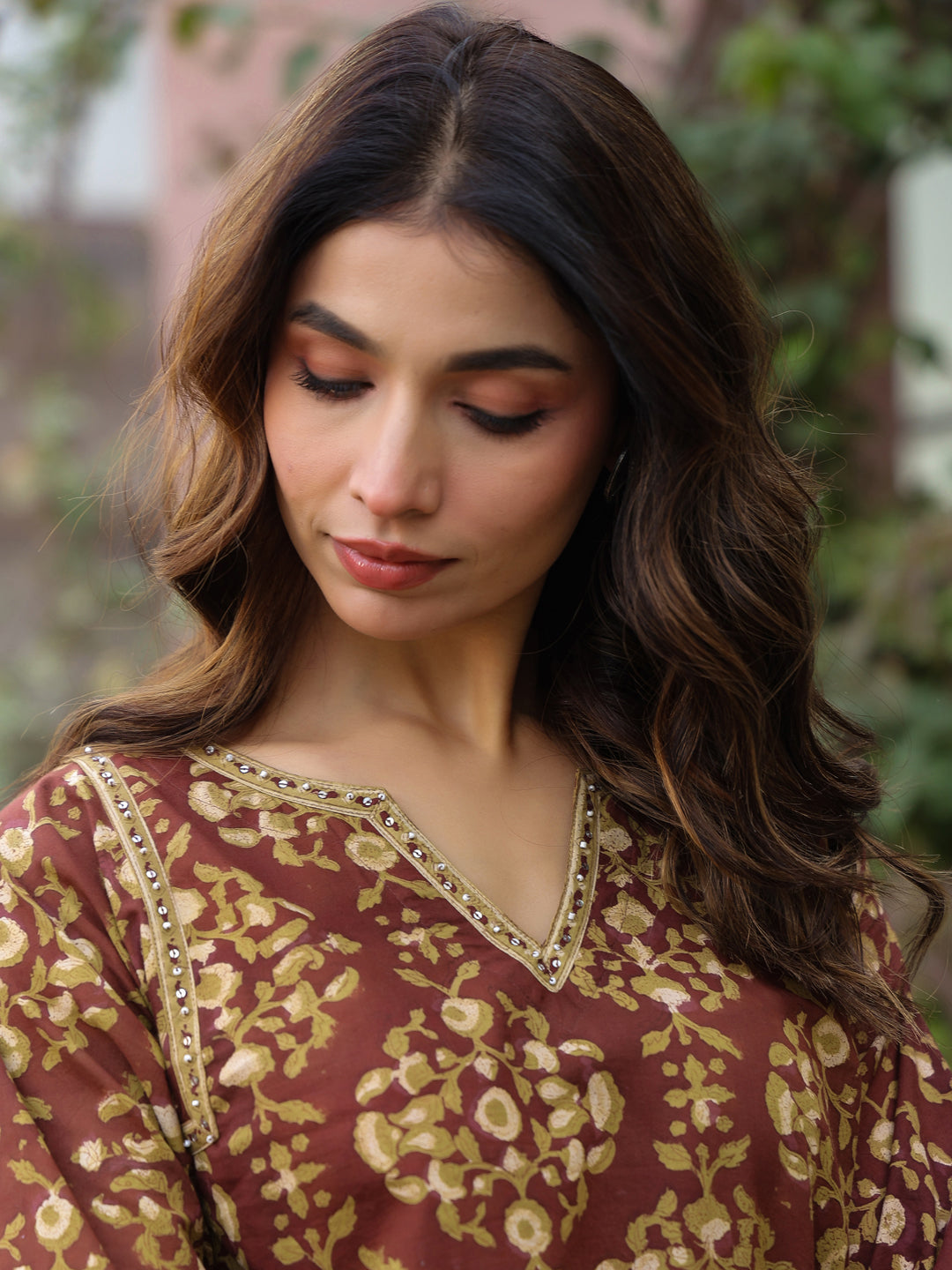 Brown Floral Handblock Printed Cotton Co-ord Set