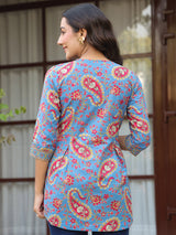 Blue Printed Sequinned Pure Cotton Kurti