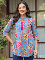 Blue Printed Sequinned Pure Cotton Kurti