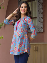 Blue Printed Sequinned Pure Cotton Kurti