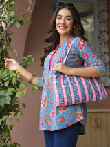 Blue & Pink Floral Shoulder Bag with Zip