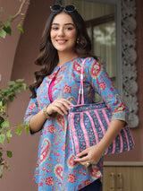 Blue Printed Sequinned Pure Cotton Kurti