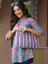 Blue Printed Sequinned Pure Cotton Kurti