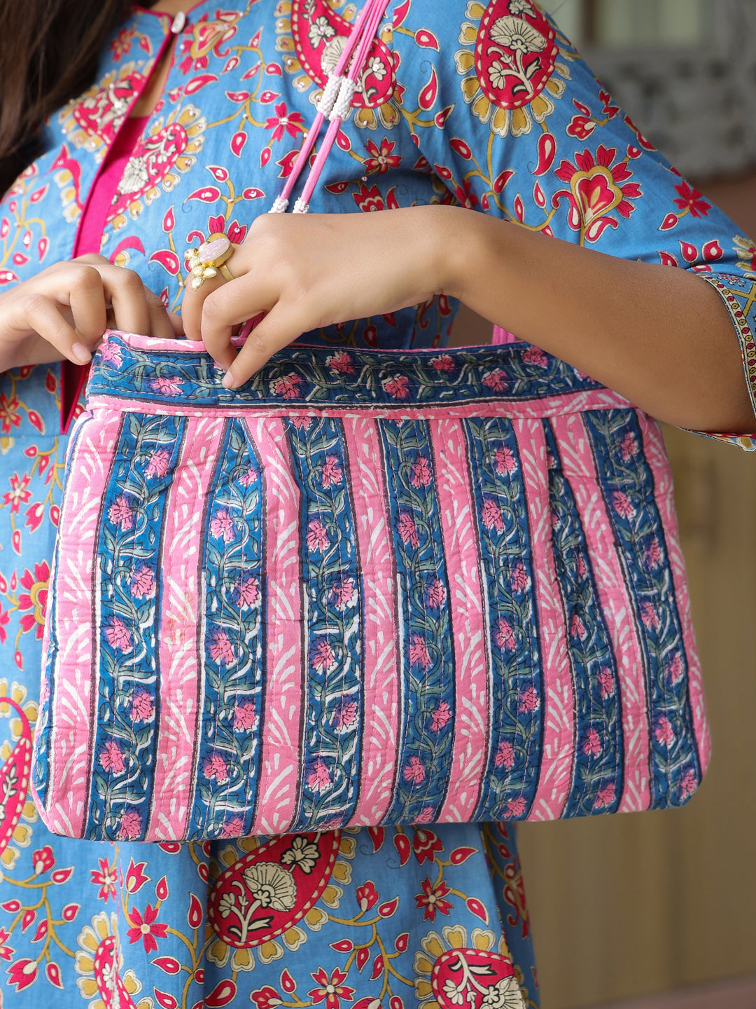 Blue & Pink Floral Shoulder Bag with Zip