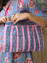 Blue & Pink Floral Shoulder Bag with Zip