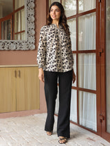Cream Handblock Printed Pintuck Top with Mandarin Collar