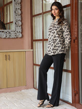 Cream Handblock Printed Pintuck Top with Mandarin Collar