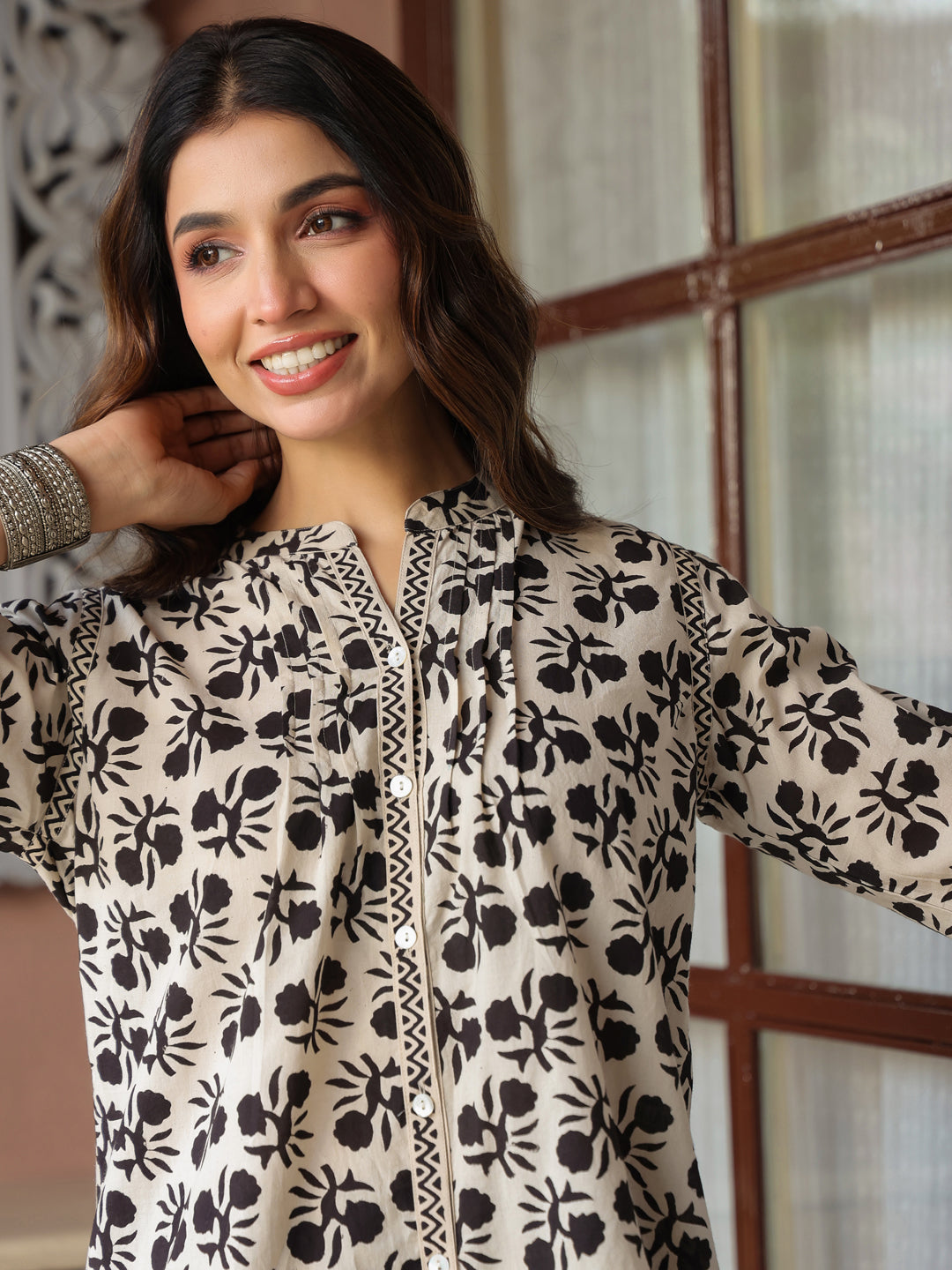 Cream Handblock Printed Pintuck Top with Mandarin Collar