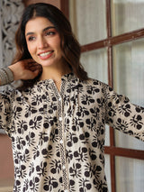 Cream Handblock Printed Pintuck Top with Mandarin Collar