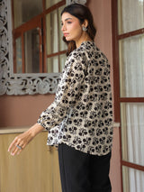 Cream Handblock Printed Pintuck Top with Mandarin Collar