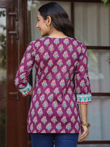 Wine Floral Printed Sequinned Pure Cotton Top