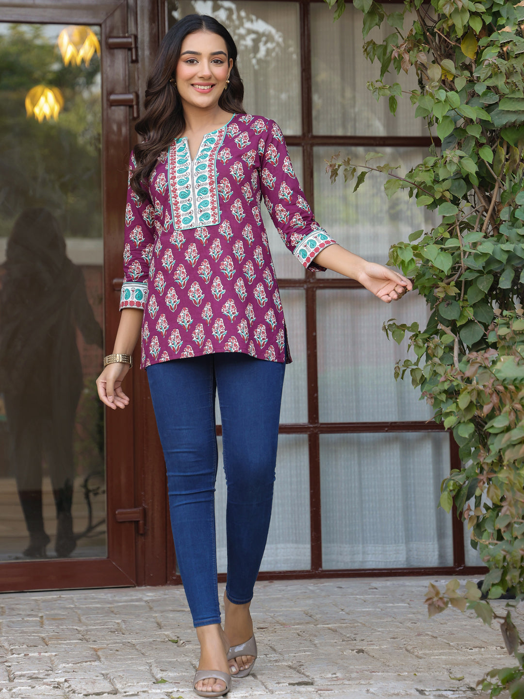 Wine Floral Printed Sequinned Pure Cotton Top