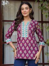 Wine Floral Printed Sequinned Pure Cotton Top