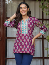 Wine Floral Printed Sequinned Pure Cotton Top