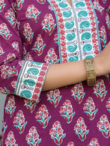 Wine Floral Printed Sequinned Pure Cotton Top