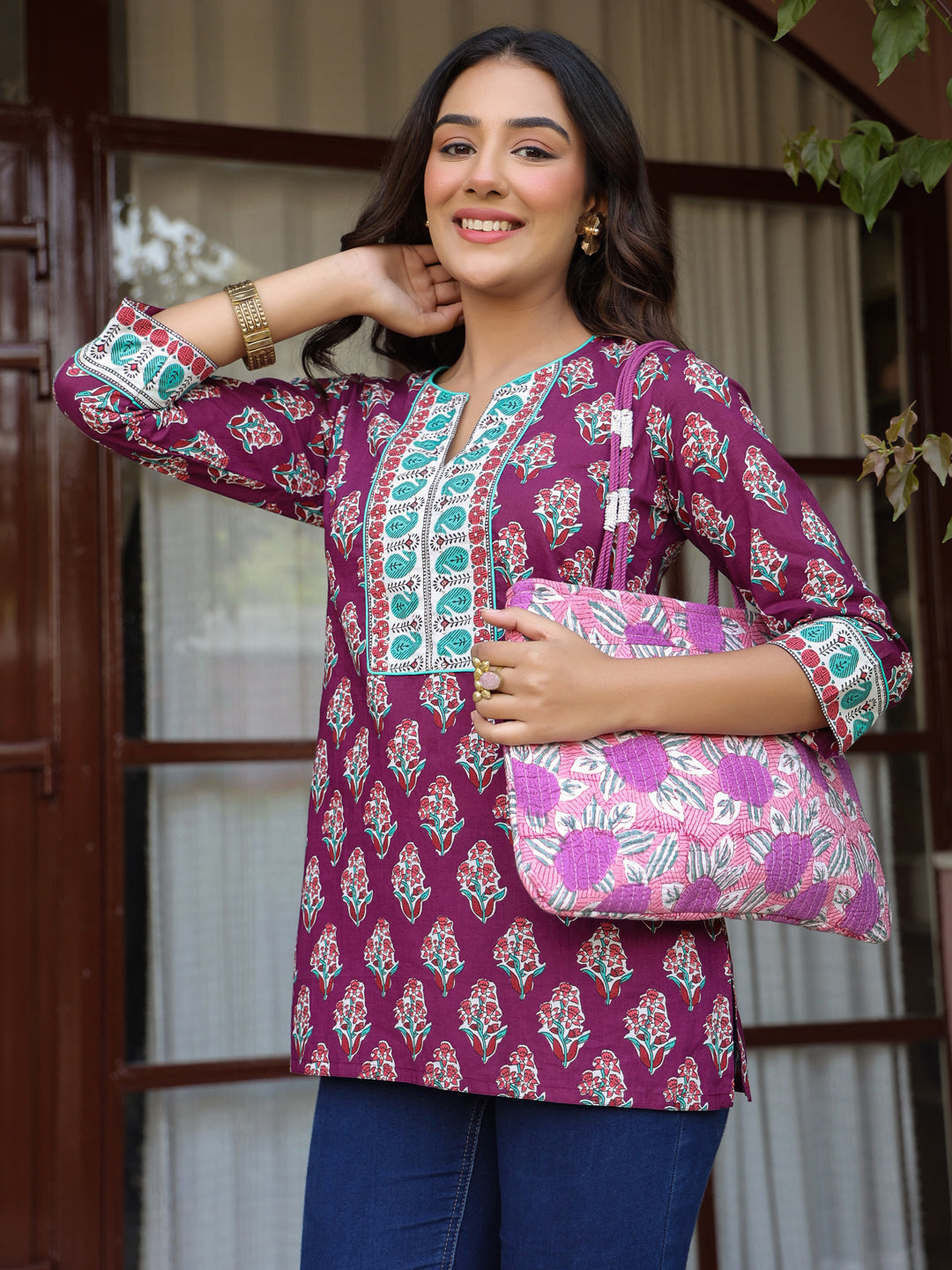 Wine Floral Printed Sequinned Pure Cotton Top