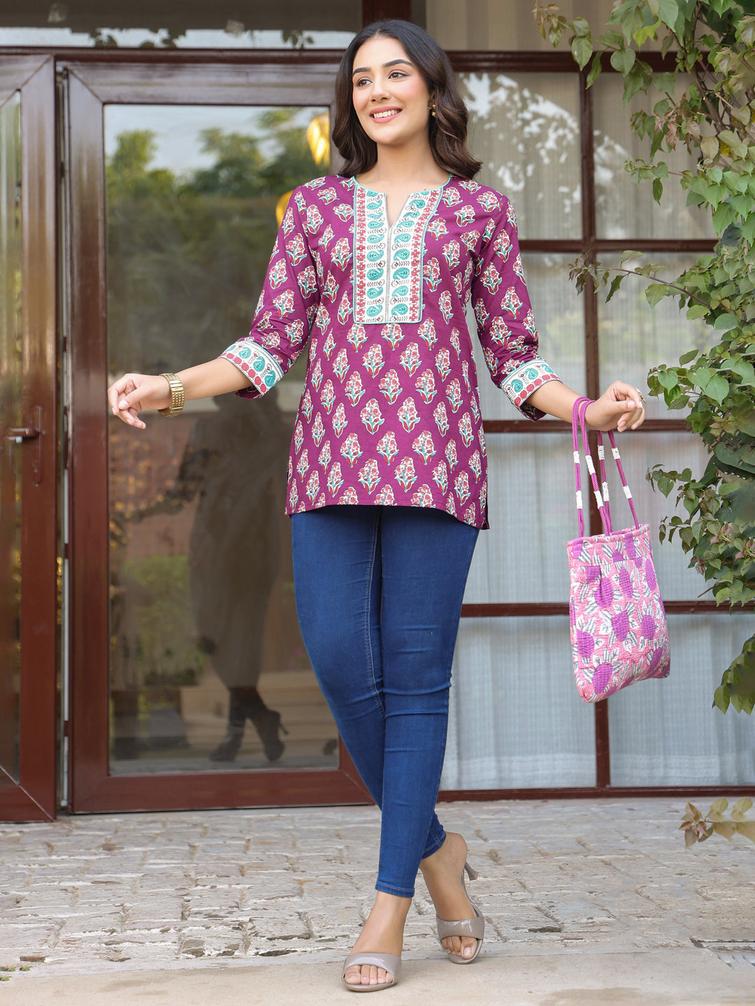 Wine Floral Printed Sequinned Pure Cotton Top