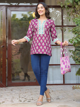 Wine Floral Printed Sequinned Pure Cotton Top