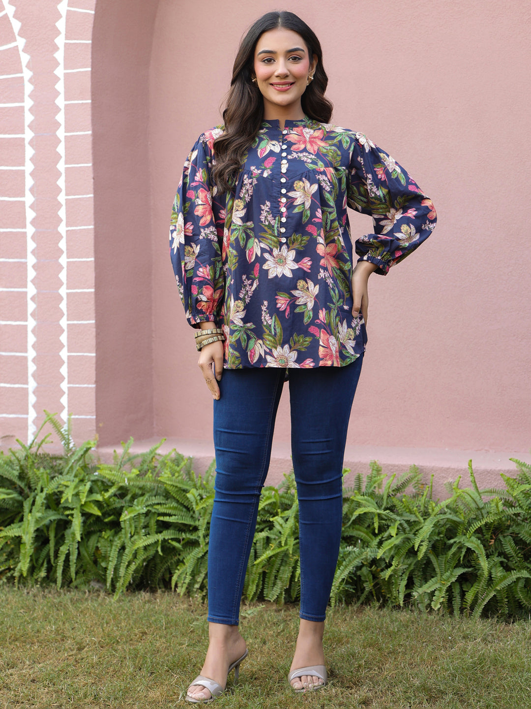 Blue Floral Print Mandarin Collar Cotton Top
