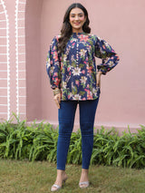 Blue Floral Print Mandarin Collar Cotton Top