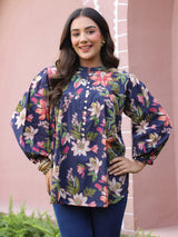 Blue Floral Print Mandarin Collar Cotton Top