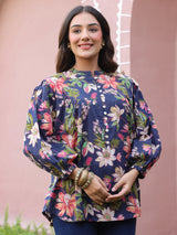 Blue Floral Print Mandarin Collar Cotton Top