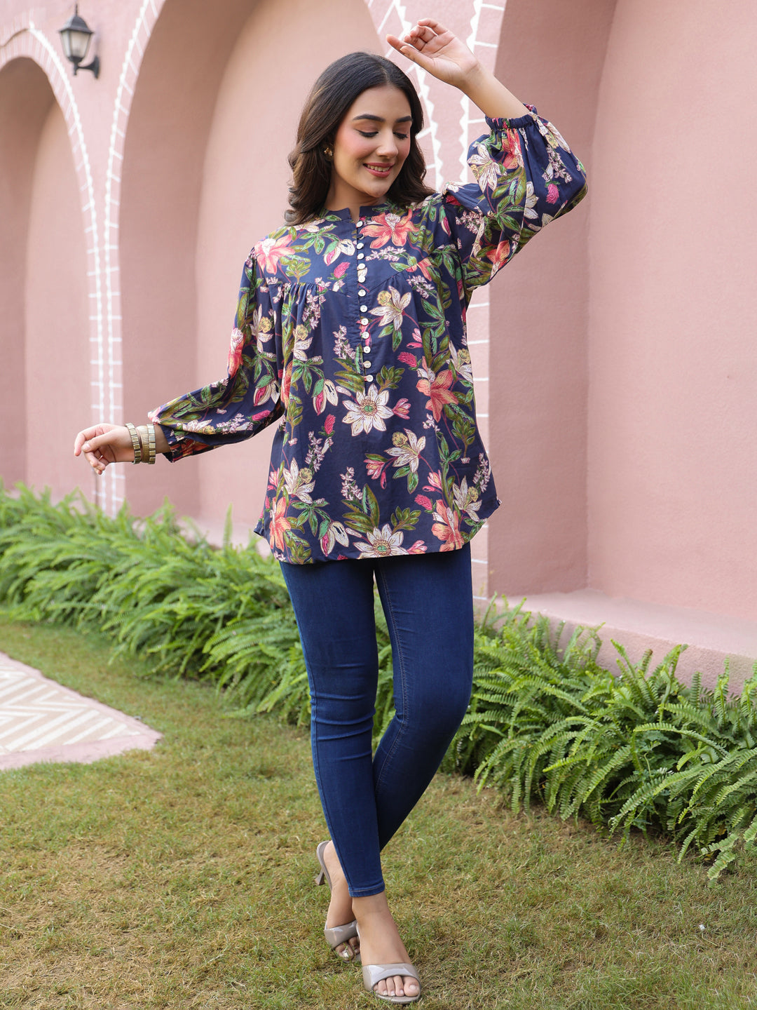 Blue Floral Print Mandarin Collar Cotton Top