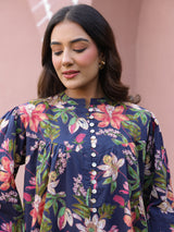 Blue Floral Print Mandarin Collar Cotton Top